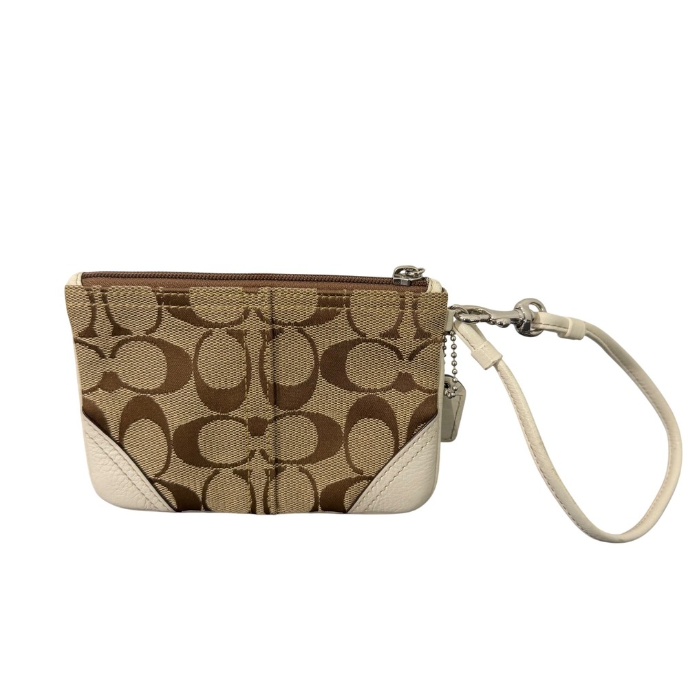 Coach Signature Canvas Wristlet Tan White Preppy Y2K Logo Quiet Luxury Chic